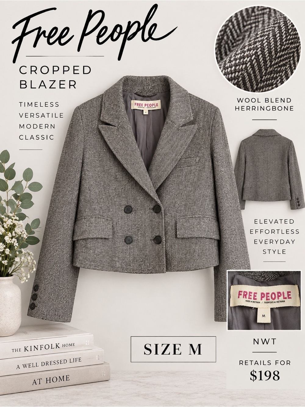 Free People NWT Cropped Herringbone Blazer Size M Gray Wool Blend $198